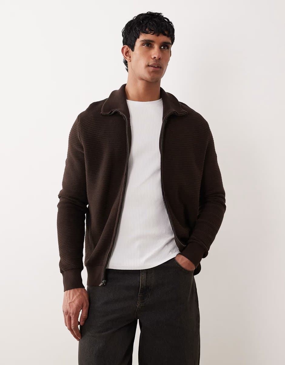 ASOS Mango 100% cotton zip through textured cardigan in chocolate