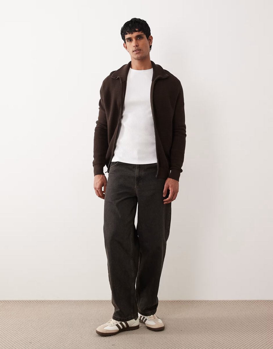ASOS Mango 100% cotton zip through textured cardigan in chocolate - 2