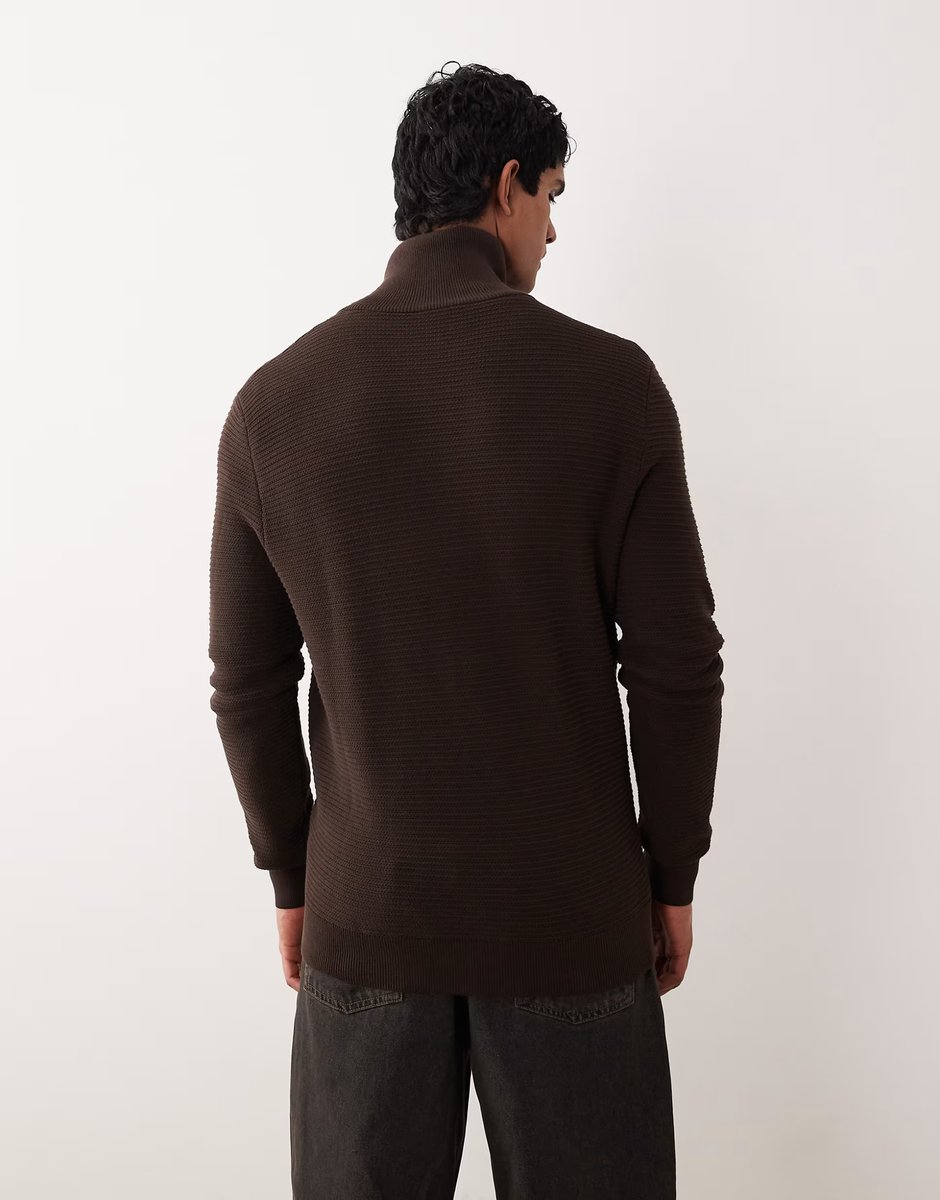 ASOS Mango 100% cotton zip through textured cardigan in chocolate - 3