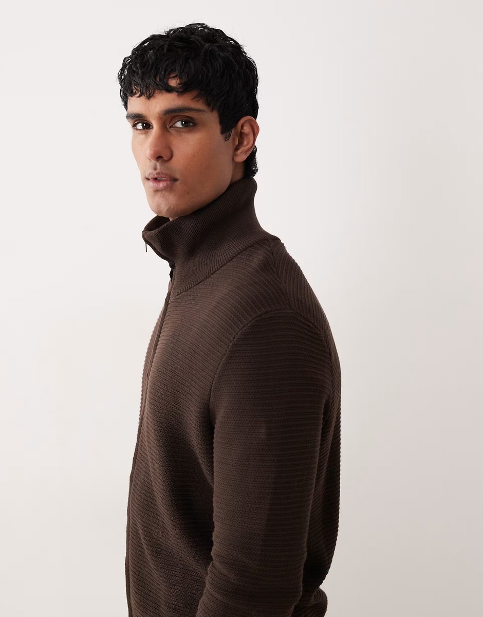 ASOS Mango 100% cotton zip through textured cardigan in chocolate - 4