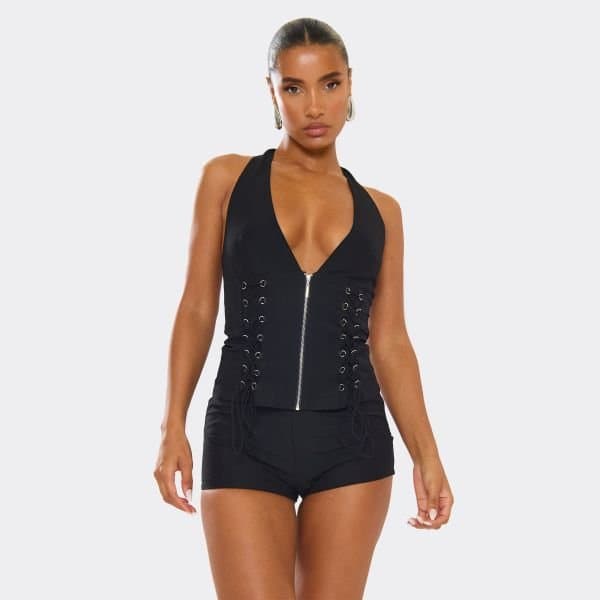 EGO EGO Plunge Halterneck Lace-Up Zip Front Top in Black
