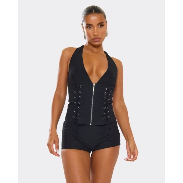 EGO Plunge Halterneck Lace Up Zip Front Detail Top In Black, Women's Size UK 4 - 2