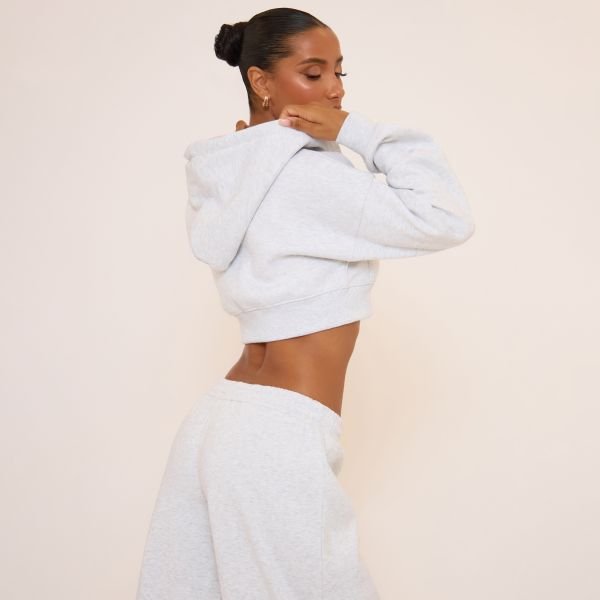 EGO Logn Sleeve Double Zip Front Cropped Hoodie In Grey, Women's Size UK 10 - 2