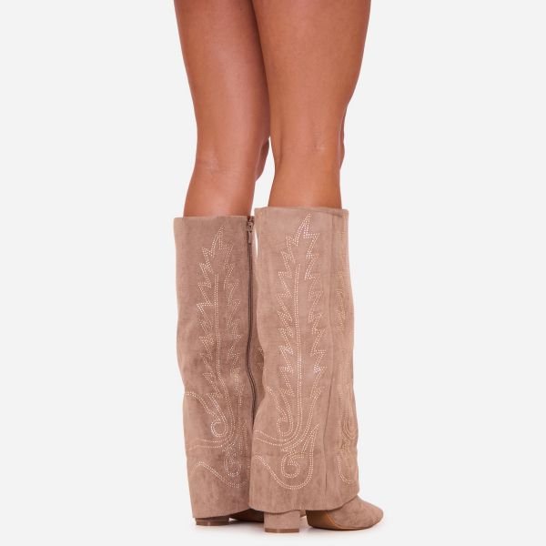 EGO Suzzee Diamante Embroidered Detail Pointed Toe Layered Knee High Long Boot In Taupe Faux Suede, Women's Size UK 3 - 2