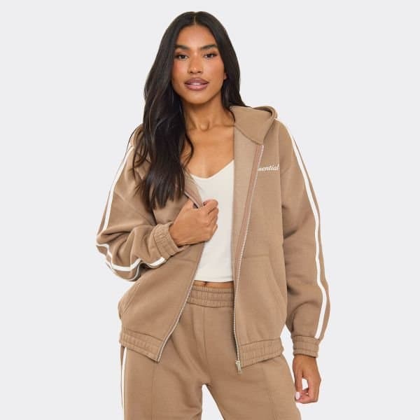 EGO Oversized Contrast Stripe Side Essential Graphic Hoodie In Mocha Brown, Women's Size UK 6