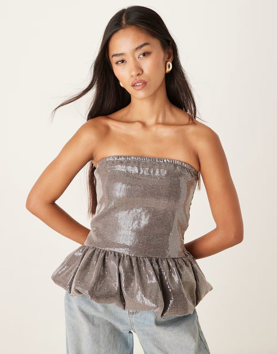 ASOS Motel Seada peplum sequin bandeau top in silver