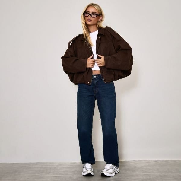 EGO Long Sleeve Zip Up Front Collared Bomber Jacket In Brown Faux Suede, Women's Size UK Large L - 1