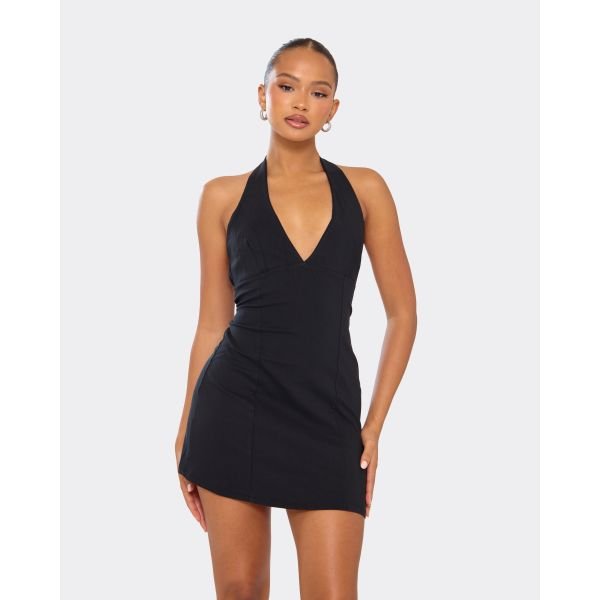 EGO Plunge Halterneck Tailored Detail Mini Dress In Black, Women's Size UK Large L - 2