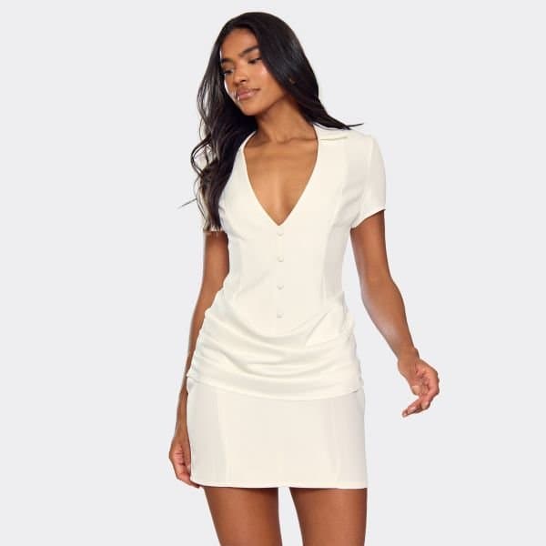EGO Short Sleeve Plunge Neck Drape Panel Detail Blazer Dress In White, Women's Size UK 6