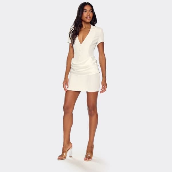 EGO Short Sleeve Plunge Neck Drape Panel Detail Blazer Dress In White, Women's Size UK 6 - 2