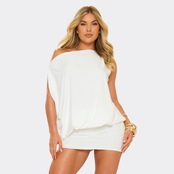 EGO Off The Shoulder Drape Asymmetric Mini Dress In White Slinky, Women's Size UK 4