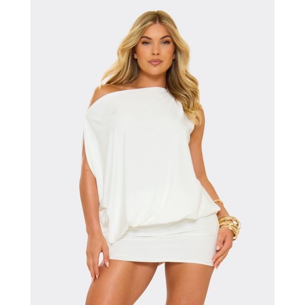 EGO Off The Shoulder Drape Asymmetric Mini Dress In White Slinky, Women's Size UK 4 - 2