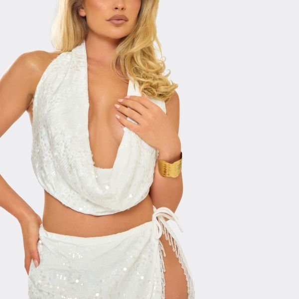 EGO Cowl Neck Top And Tassel Mini Skirt Co-Ord Set In White Sequin, Women's Size UK 8 - 2