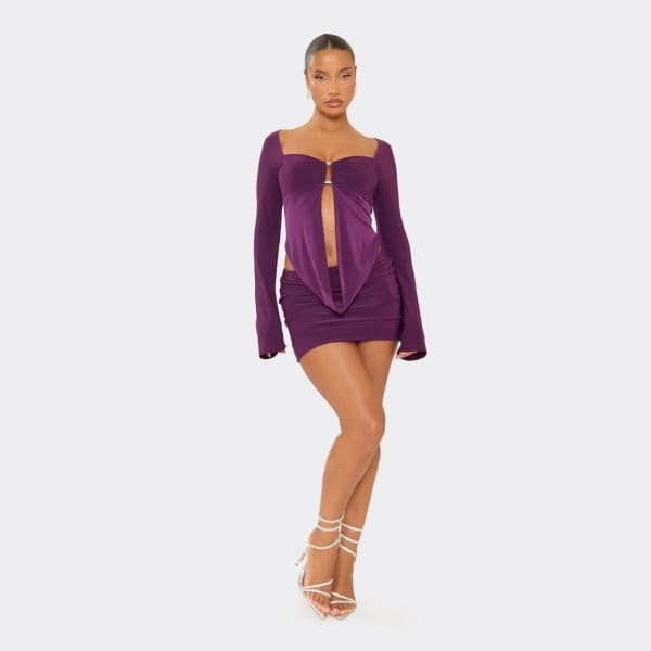 EGO Mid Rise Fitted Mini Skirt In Plum Slinky, Women's Size UK 6 - 1