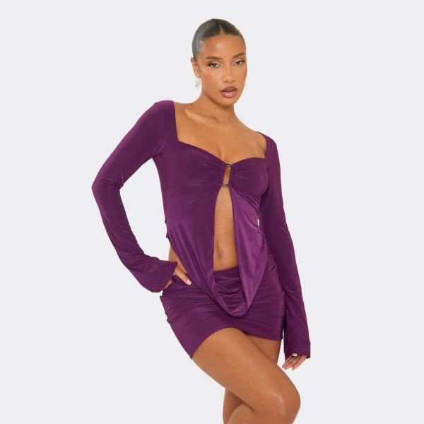 EGO Mid Rise Fitted Mini Skirt In Plum Slinky, Women's Size UK 6 - 2