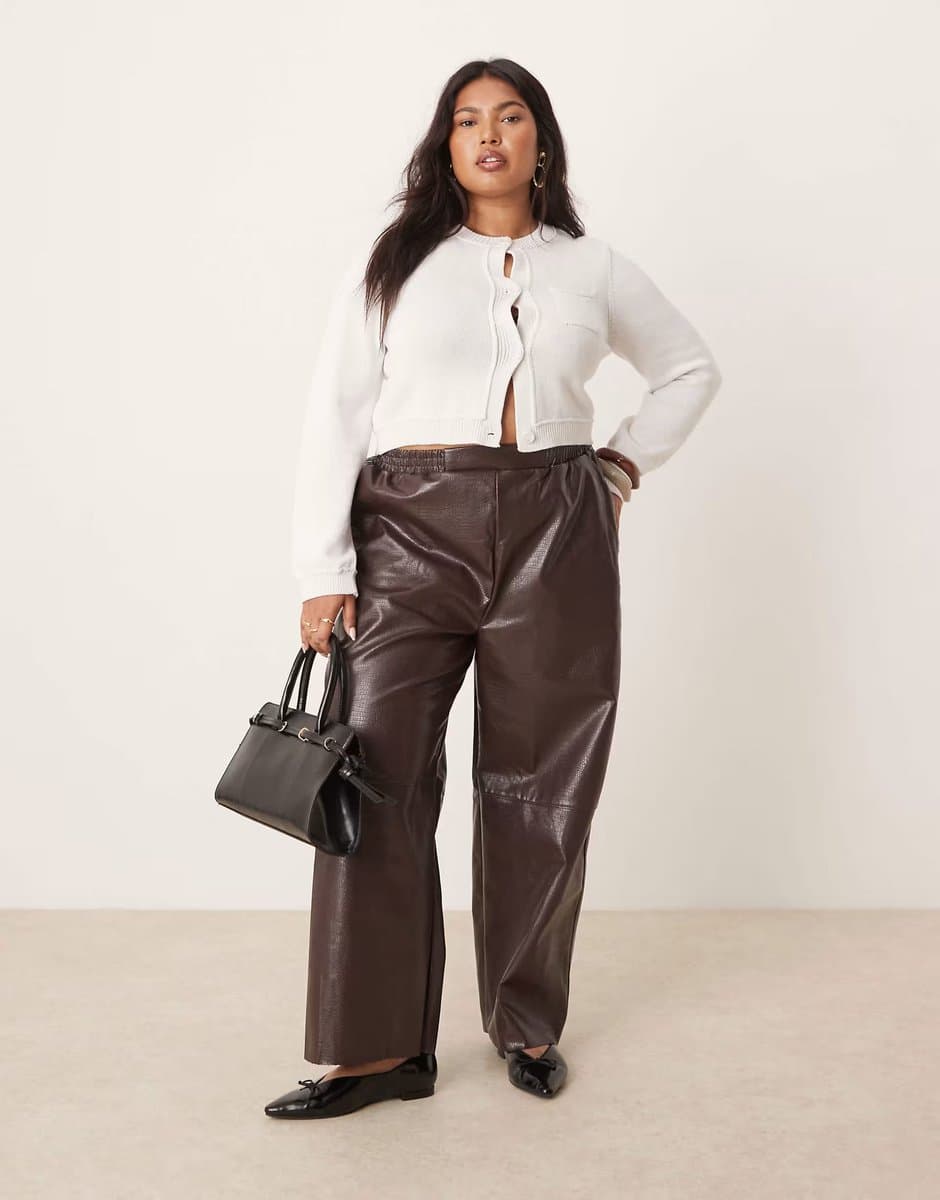ASOS ASOS DESIGN Curve faux leather pull on barrel trousers in chocolate