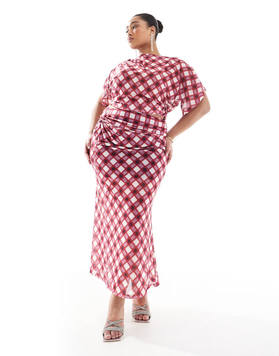 ASOS Renee Studio Plus exclusive ruched twist detail mesh maxi skirt co-ord in red multi check - 1