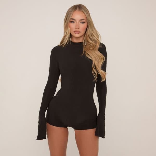 EGO Long Flute Sleeve Playsuit In Black Slinky, Women's Size UK 4