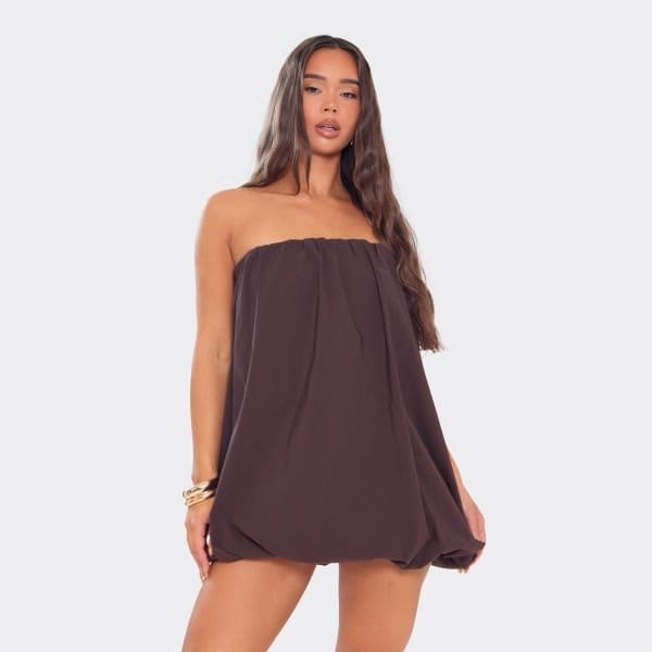 EGO Bandeau Puffball Detail Mini Dress In Chocolate Brown, Women's Size UK 6 - 1