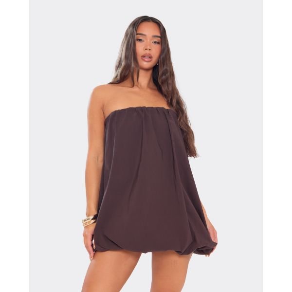EGO Bandeau Puffball Detail Mini Dress In Chocolate Brown, Women's Size UK 6 - 2