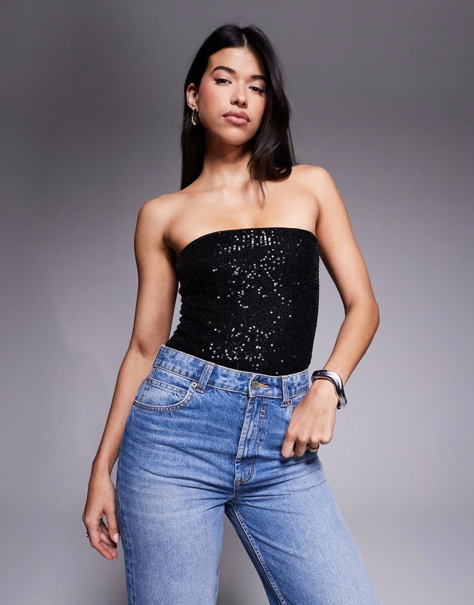 ASOS ASOS DESIGN allover sequin bandeau bodysuit in black