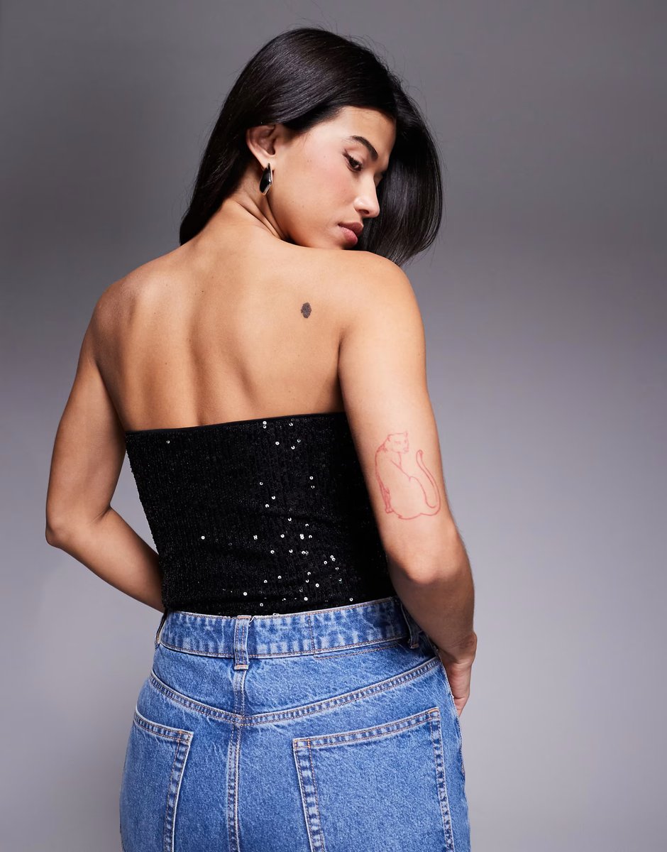 ASOS ASOS DESIGN allover sequin bandeau bodysuit in black - 4