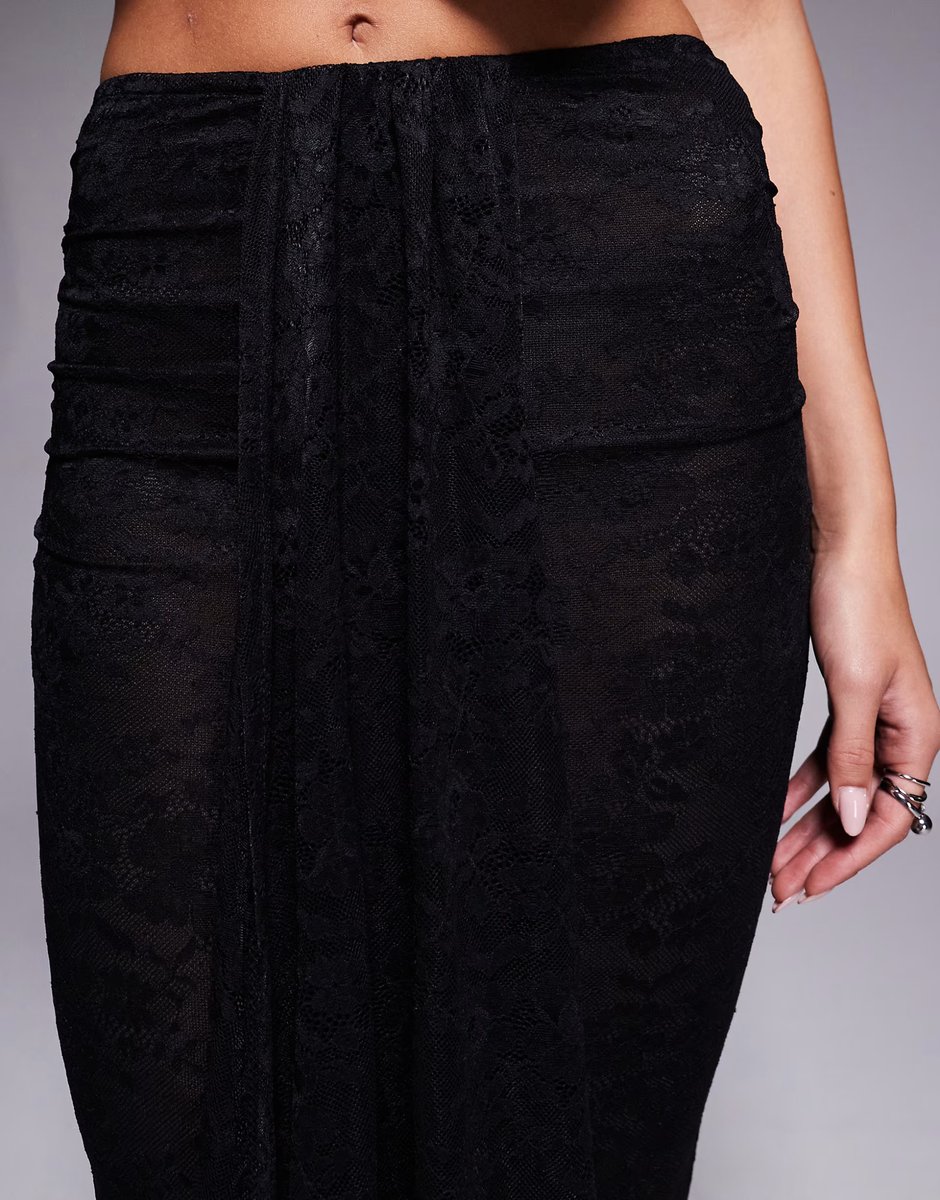 ASOS Murci exclusive lace drape detail fishtail maxi skirt co-ord in black - 3