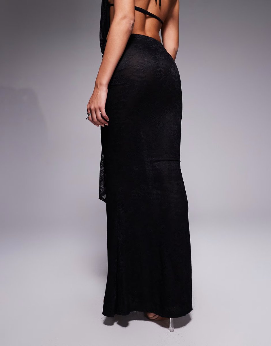 ASOS Murci exclusive lace drape detail fishtail maxi skirt co-ord in black - 4