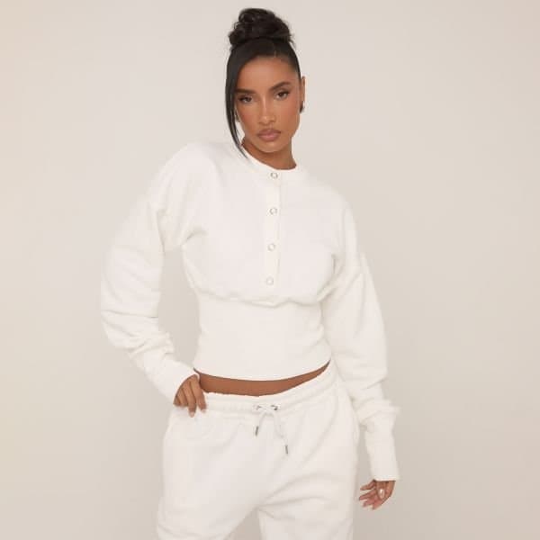 EGO Long Sleeve Popper Detail Cinched Waist Sweatshirt In Cream, Women's Size UK 14
