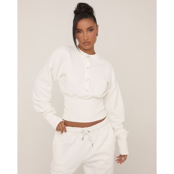 EGO Long Sleeve Popper Detail Cinched Waist Sweatshirt In Cream, Women's Size UK 14 - 2