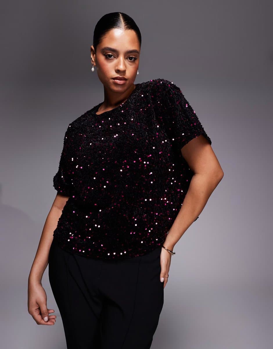 ASOS New Look Curve velvet sequin tee in burgundy