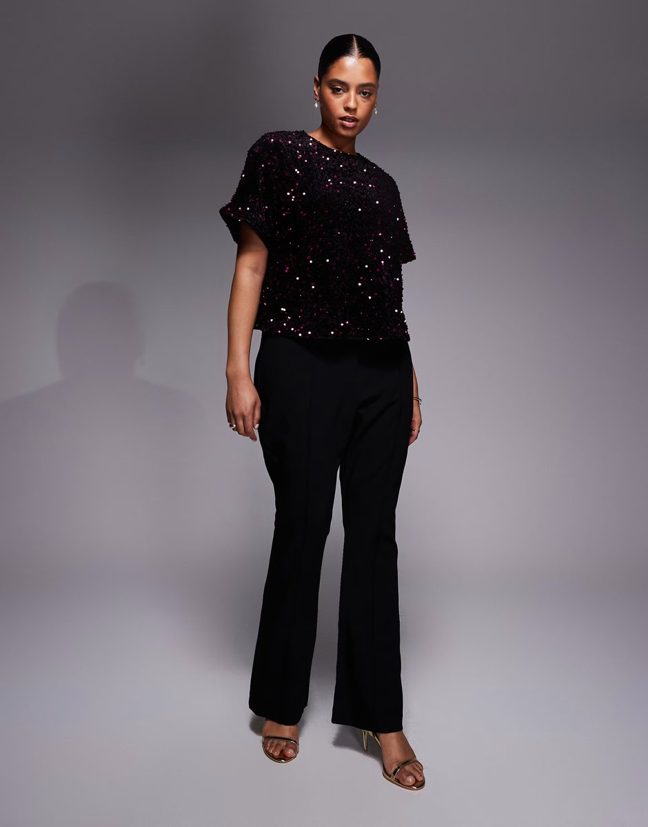 ASOS New Look Curve velvet sequin tee in burgundy - 2