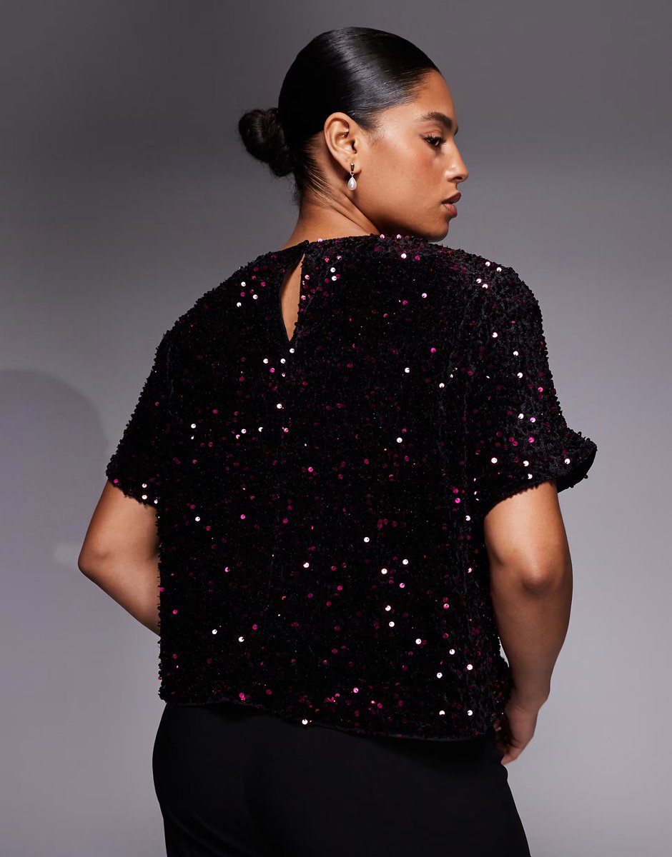 ASOS New Look Curve velvet sequin tee in burgundy - 3