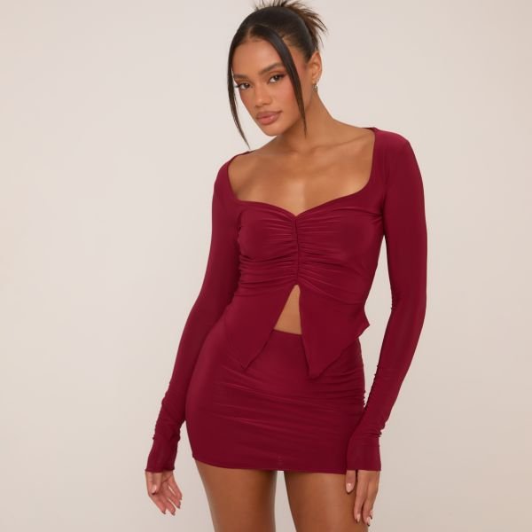 EGO Low Rise Ruched Detail Mini Bodycon Skirt In Burgundy Slinky, Women's Size UK 8 - 2