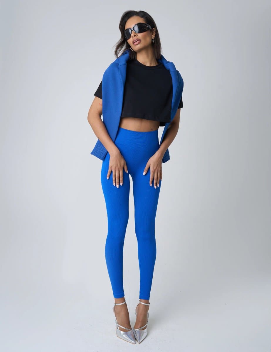 Public Desire Public Desire UK Ribbed High Waisted Leggings in Cobalt Blue