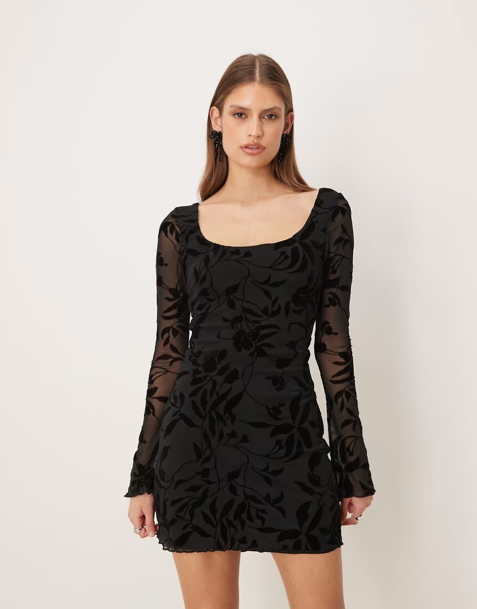 ASOS Motel selca long sleeve mini dress in flocked floral black