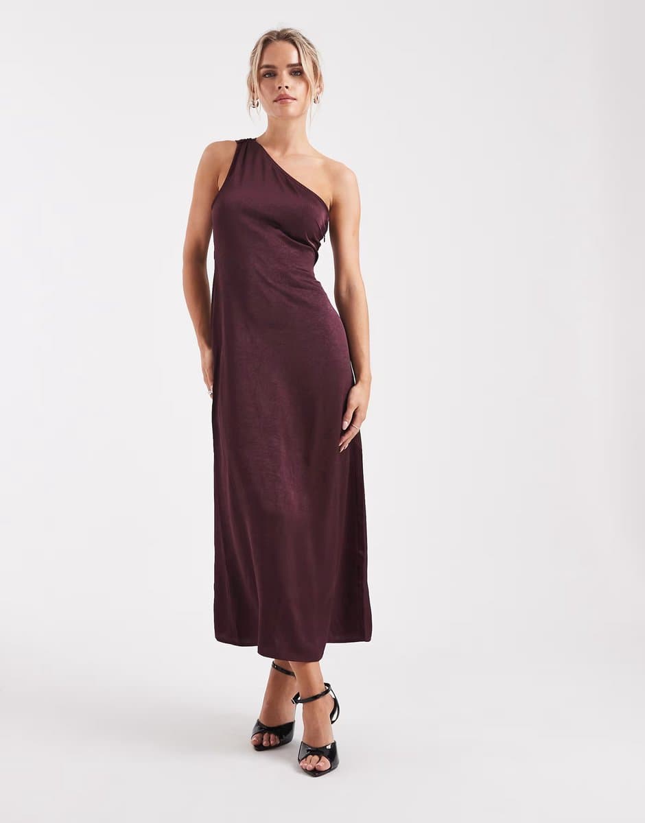 ASOS Vero Moda Petite one shoulder satin maxi dress in burgundy