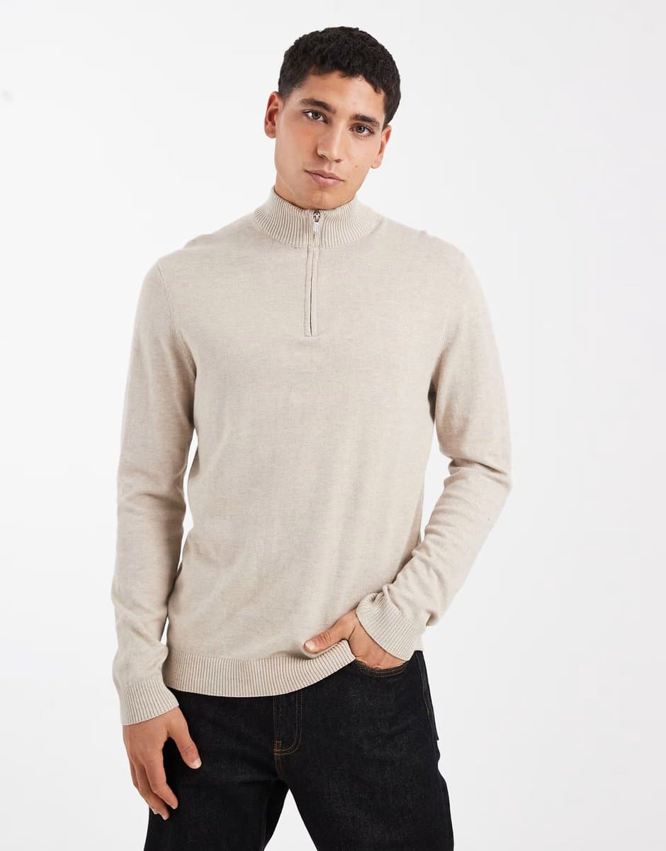ASOS ONLY & SONS quarter zip knitted jumper in beige