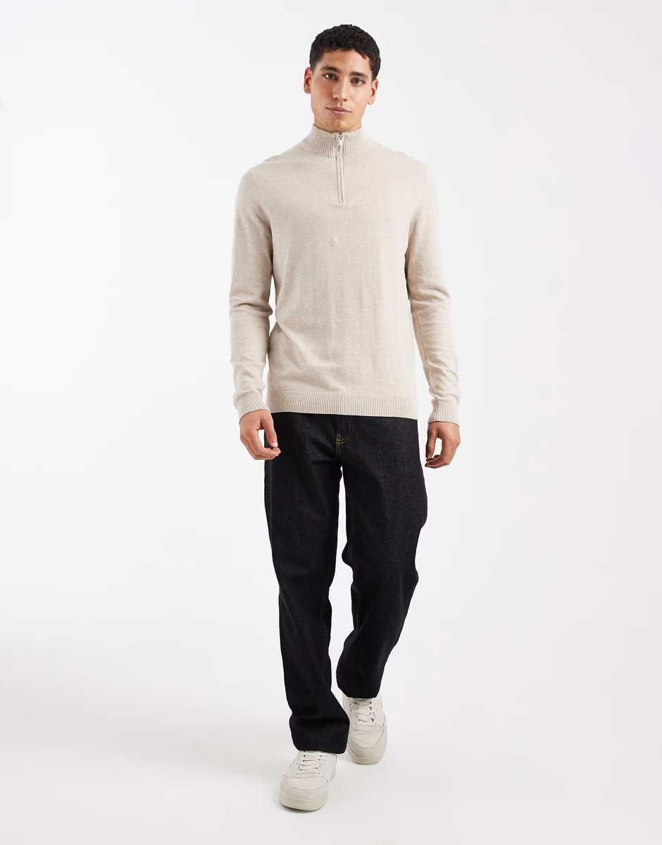 ASOS ONLY & SONS quarter zip knitted jumper in beige - 2