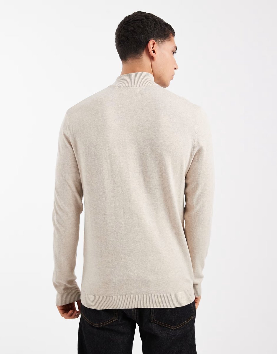 ASOS ONLY & SONS quarter zip knitted jumper in beige - 3