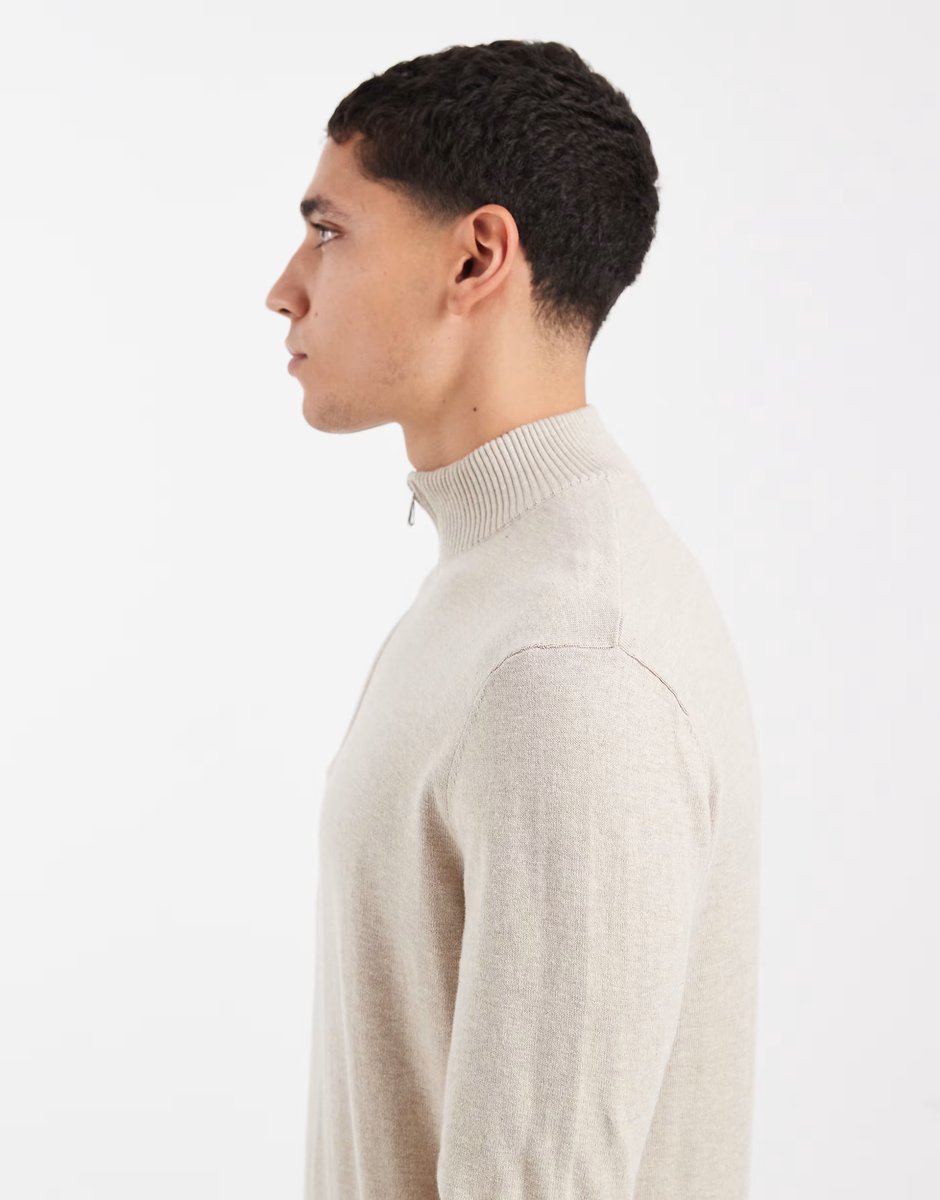 ASOS ONLY & SONS quarter zip knitted jumper in beige - 4