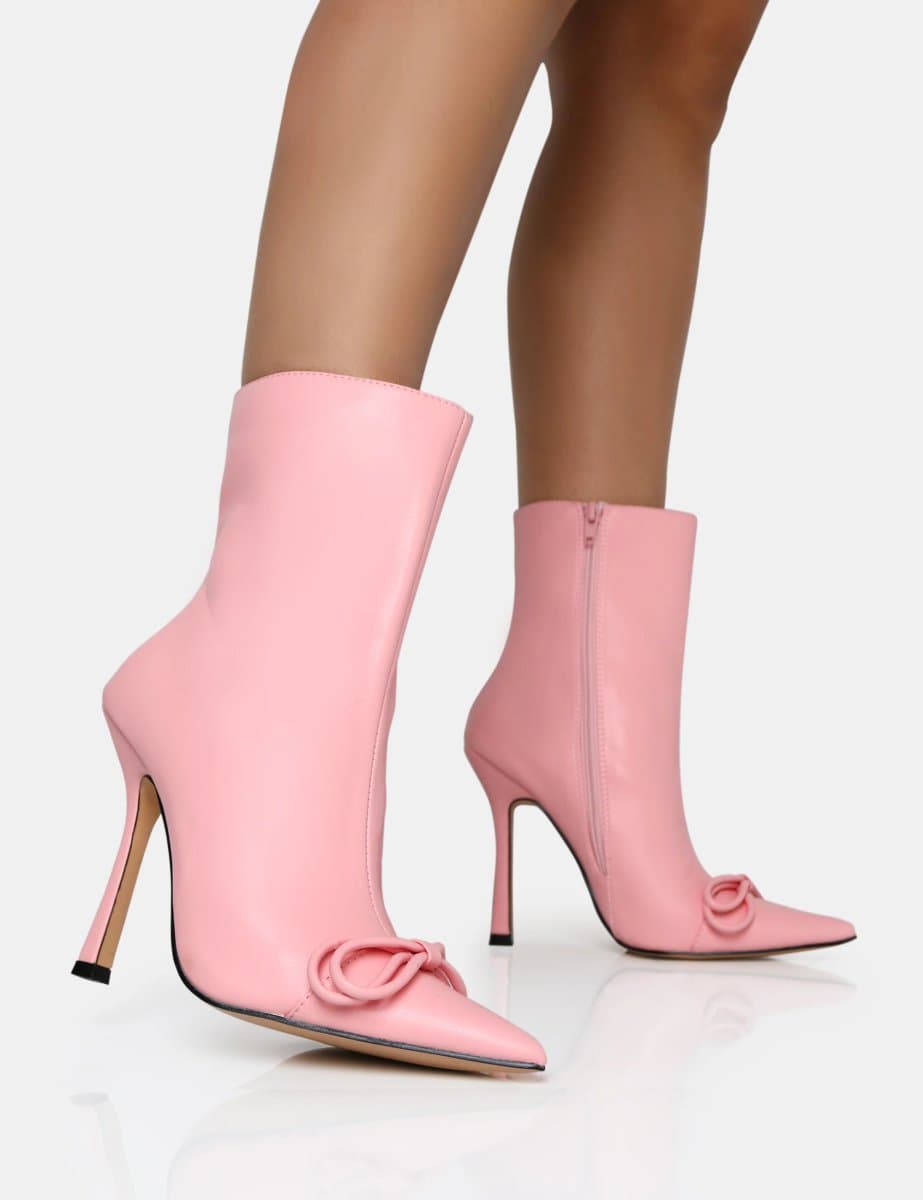 Public Desire Public Desire Pink PU Bow Pointed Toe Stiletto Ankle Boots