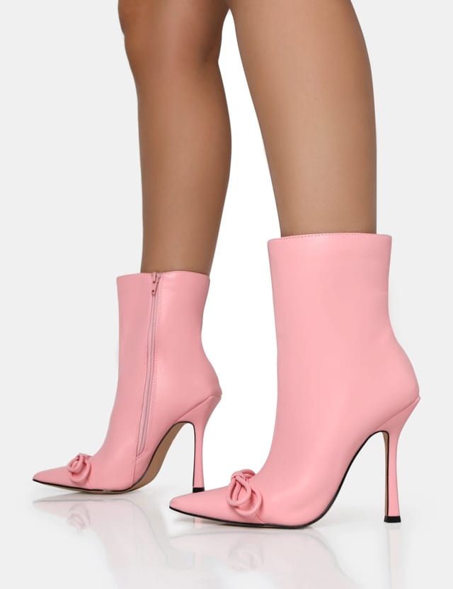 Public Desire Rhia Pink Pu Bow Pointed Toe Stiletto Ankle Boots - 3