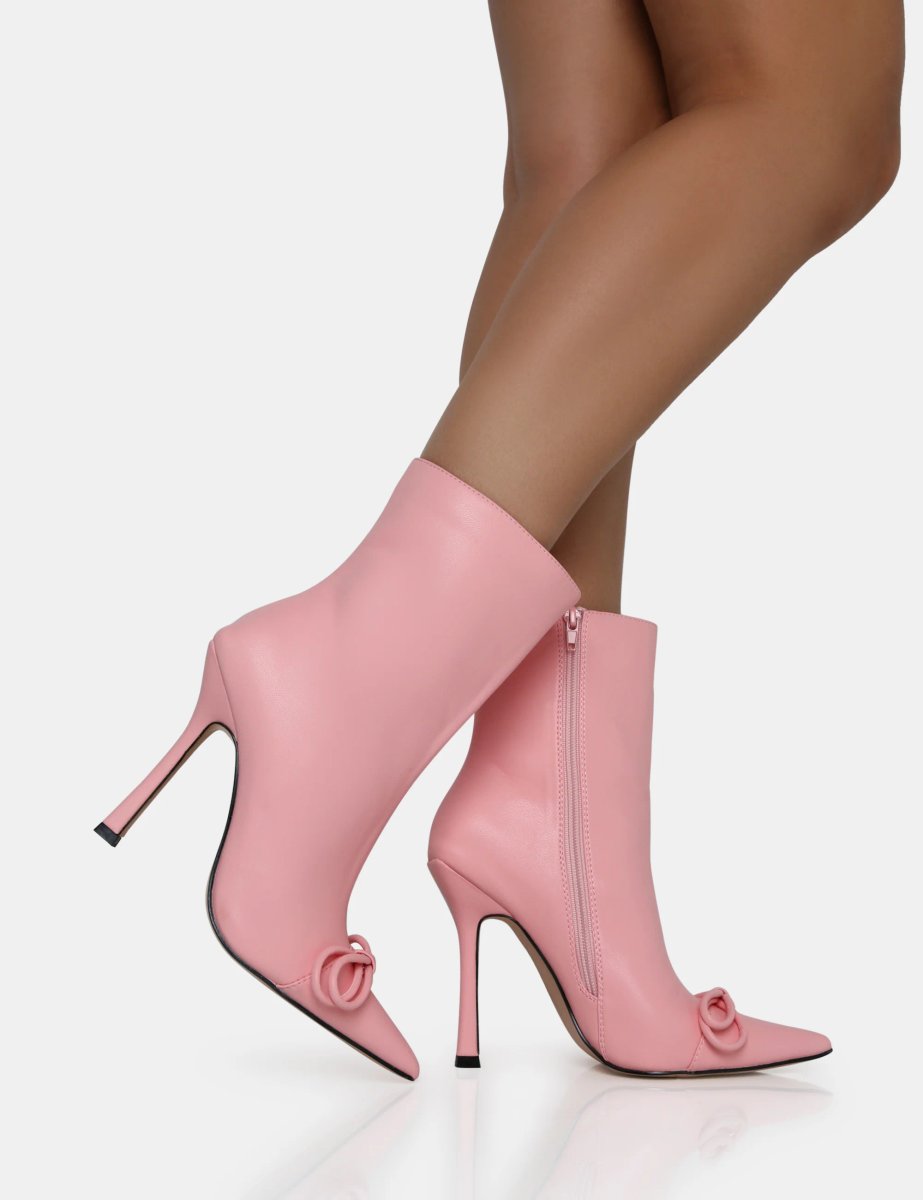 Public Desire Rhia Pink Pu Bow Pointed Toe Stiletto Ankle Boots - 4