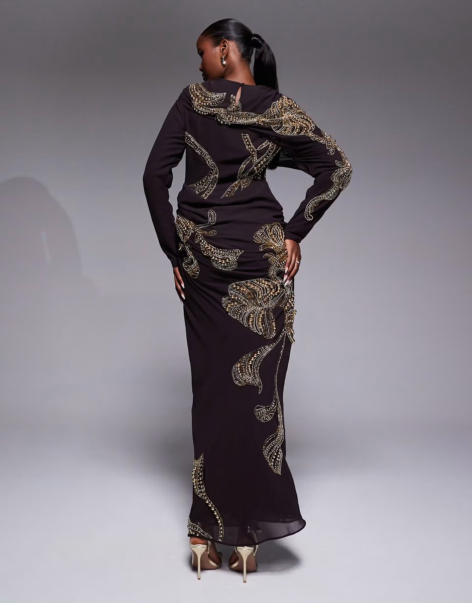 ASOS ASOS DESIGN drape shoulder embellished pleated maxi dress in chocolate - 3