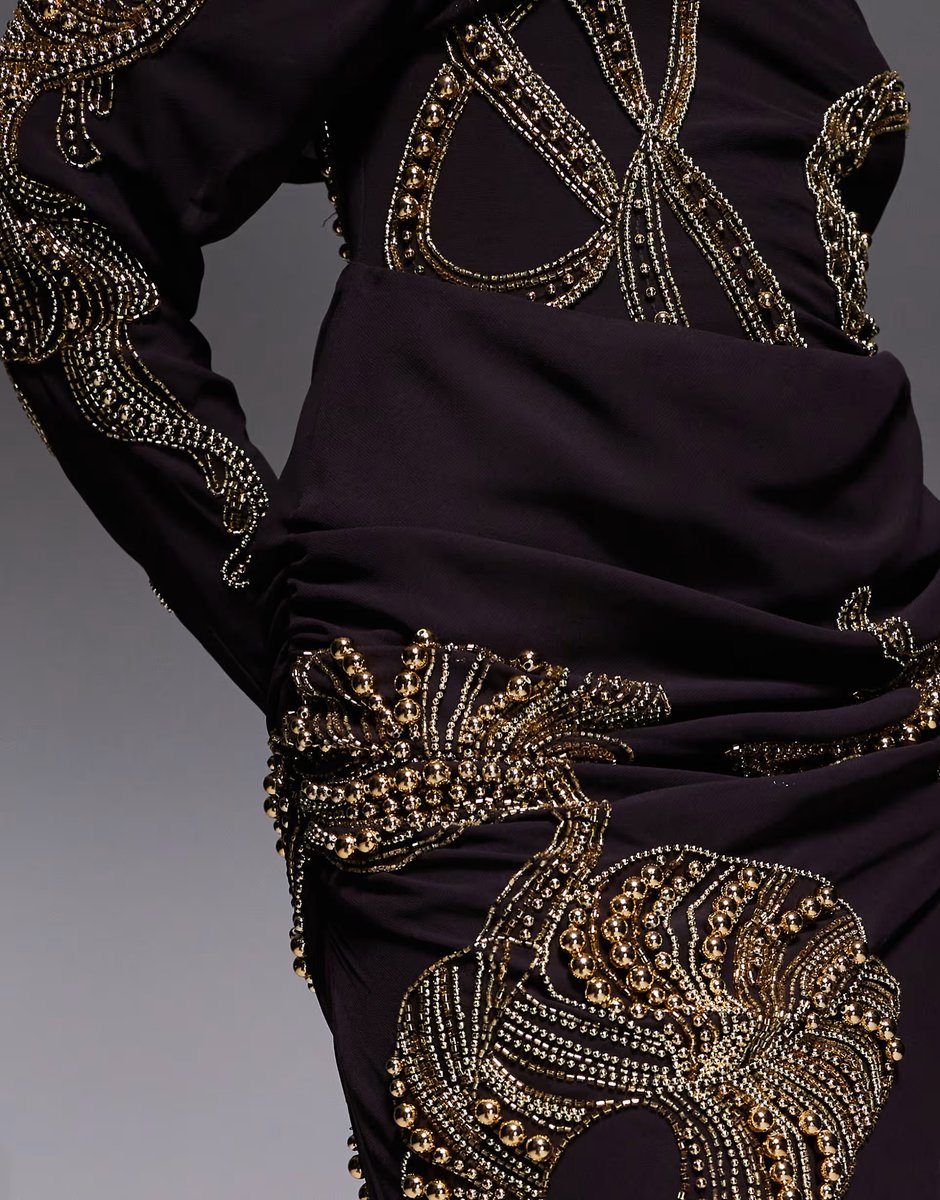 ASOS ASOS DESIGN drape shoulder embellished pleated maxi dress in chocolate - 4