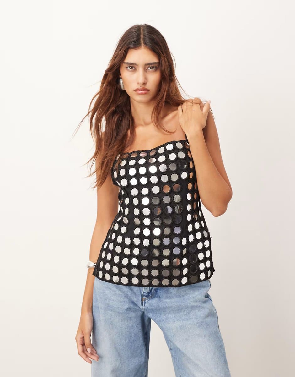 ASOS ARRANGE mirror embellished minimal longline cami top in black