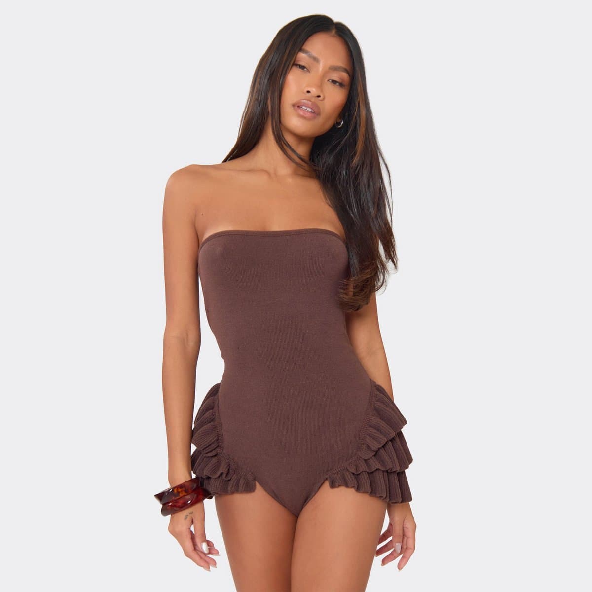 EGO Bandeau Frill Side Playsuit In Chocolate Brown Knit, Women's Size UK L