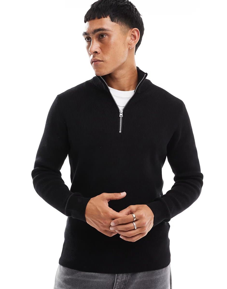 ASOS ONLY & SONS ribbed half zip jumper in black