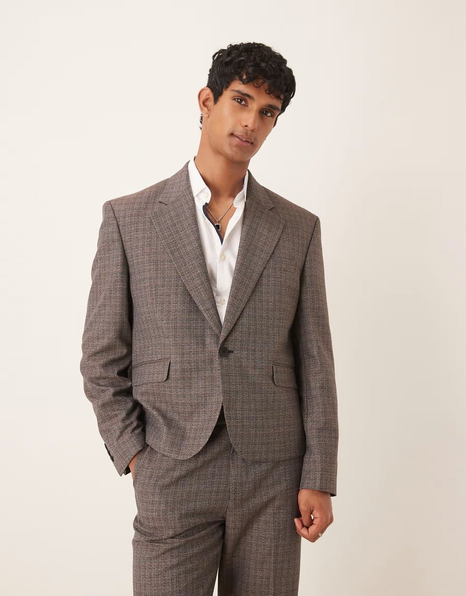 ASOS ASOS Brown Boxy Cropped Suit Jacket with Micro Check Texture